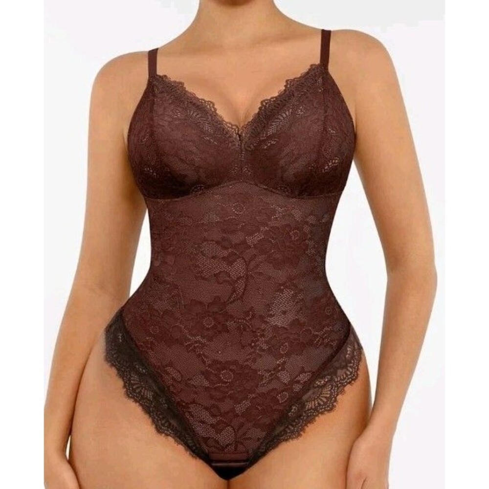FeelinGirl Lace Shapewear Bodysuit Brown Size L NWT Tummy Control Snap Closure